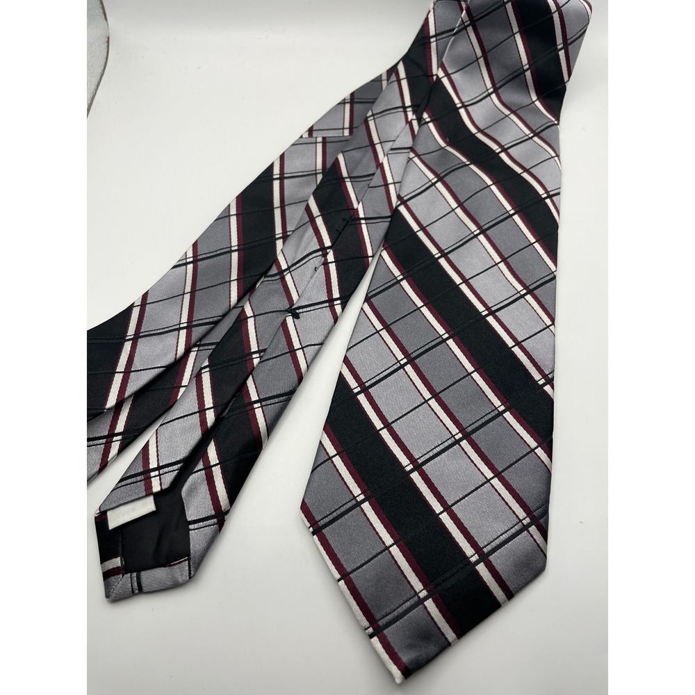 Corsini Sevenfold Collection Mens Silk Tie Grey Black Burgundy Plaid Stripe